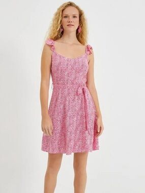 Koton Dot Patterned Ruffle Sleeveless A-Line Mini Dress Pink 10